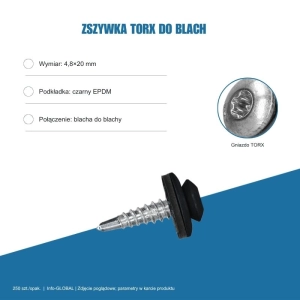 Wkręt zszywka TORX do łączenia blach 4,8x20 mm, kolor RAL – 250 szt. Wkręt zszywka TORX do łączenia blach 4,8x20 mm, kolor RAL – 250 szt.